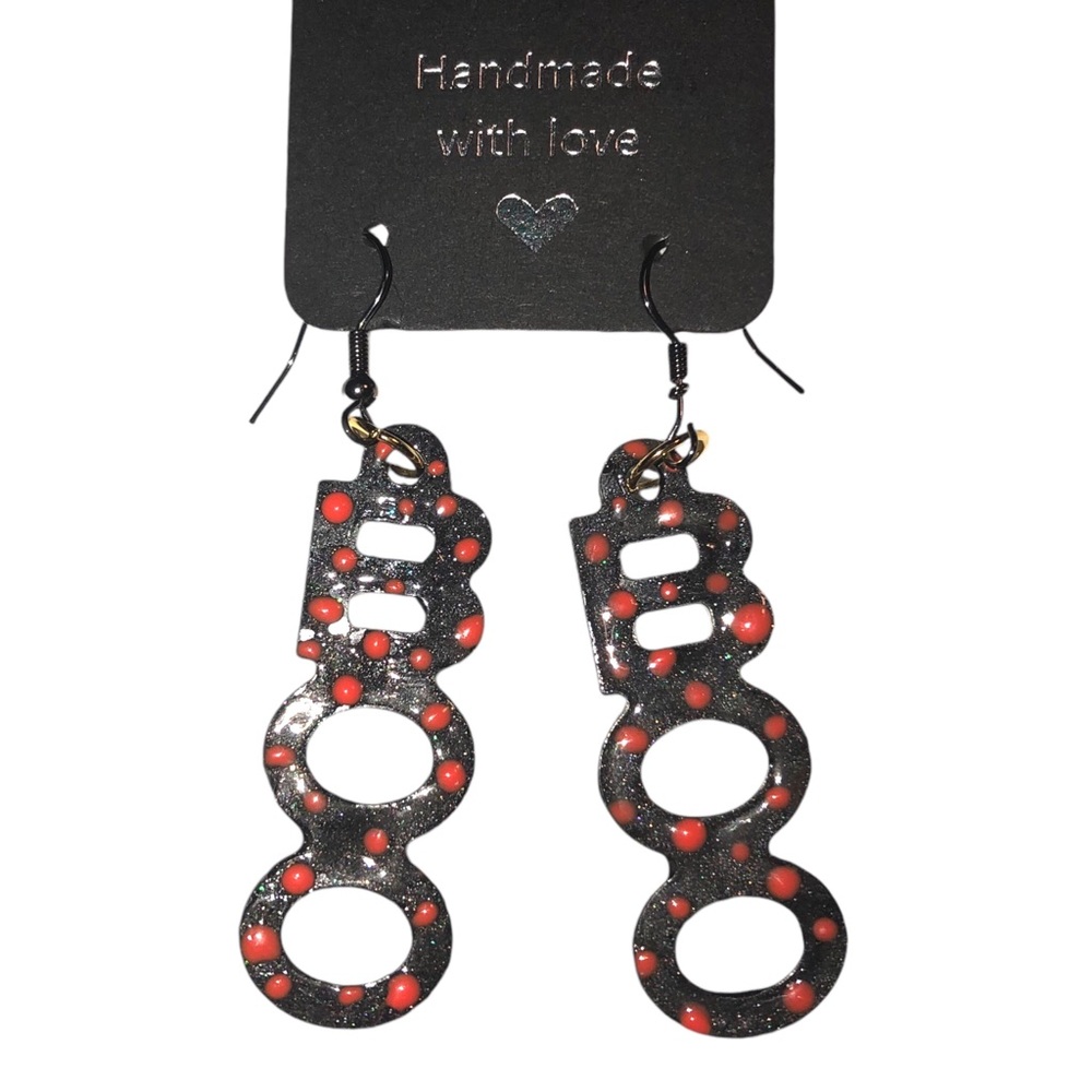 Handmade Halloween Earrings Dangle BOO Black & Orange Polka Dots Orange …